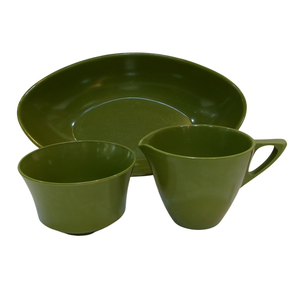Vintage Avocado Green Melamine Cream and Sugar Set with Oval Tray 3 Piece MCM